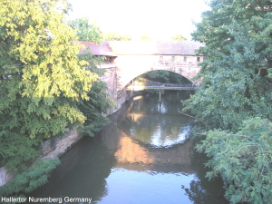 River Pegnitz at gate 'Hallertor' Nuremberg Germany